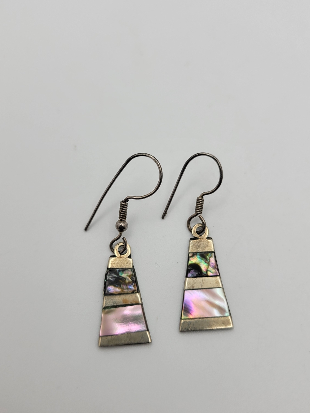 Vintage Mexican Alpaca Silver Abalone Mother of Pearl Inlay Trapezoid Dangle